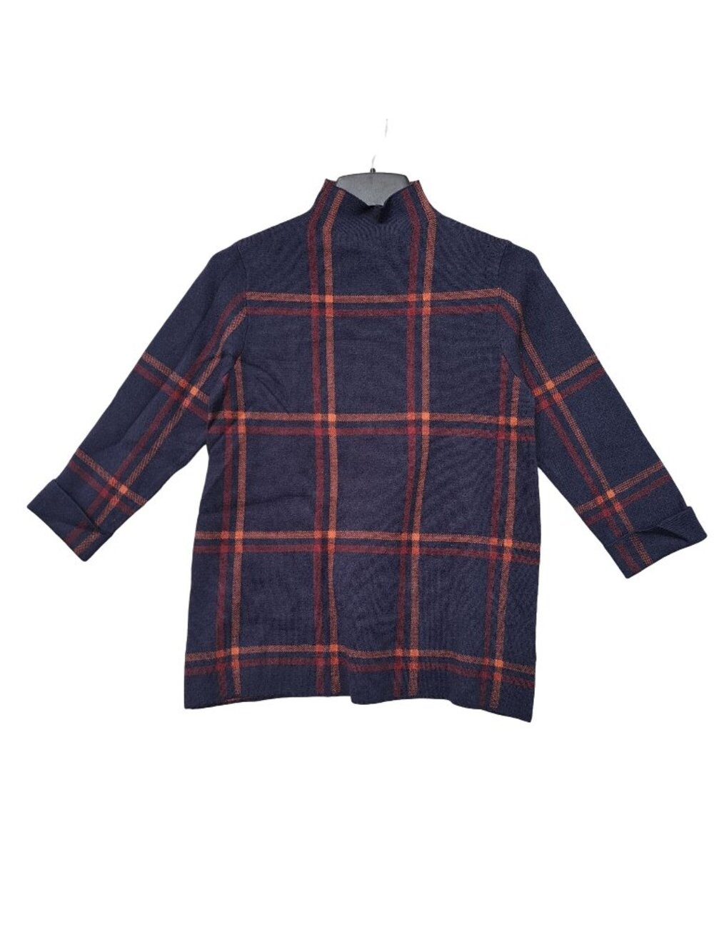 Max Studio Women Medium Sweater Mock Neck 3/4 Sleeve Blue Plaid Knit